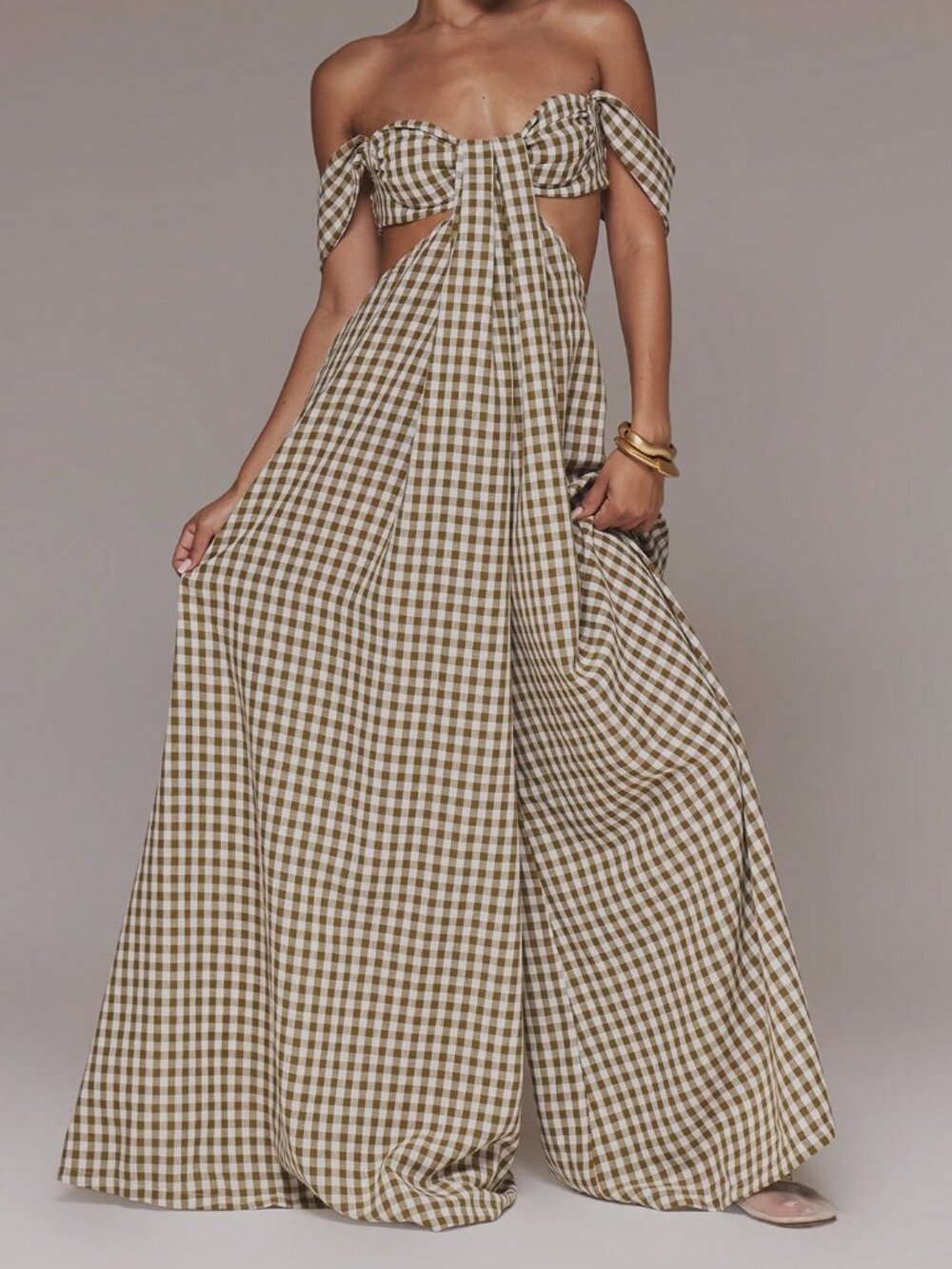 Brown Sexy Women's Gingham Cut-Out Jumpsuit - Picture 5 of 6